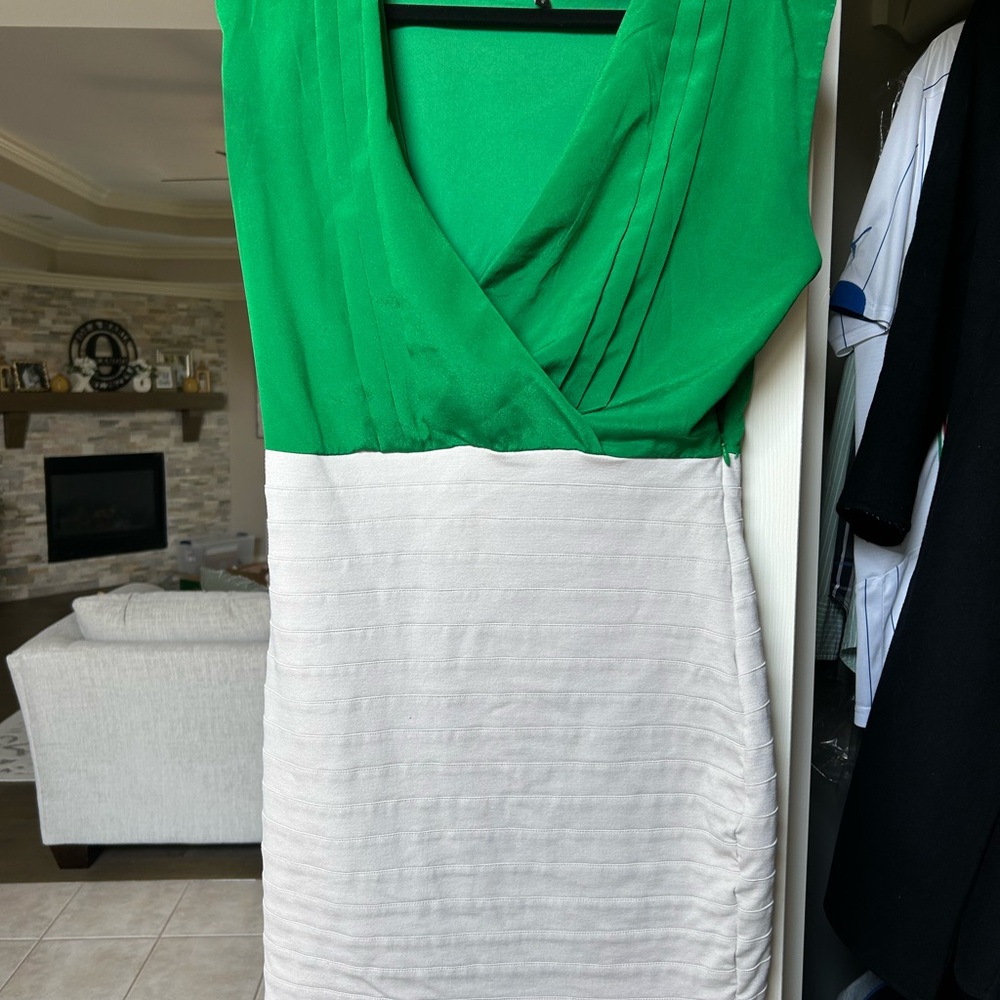 Express Green and White Sheath Mini Dress Plunge Neckline